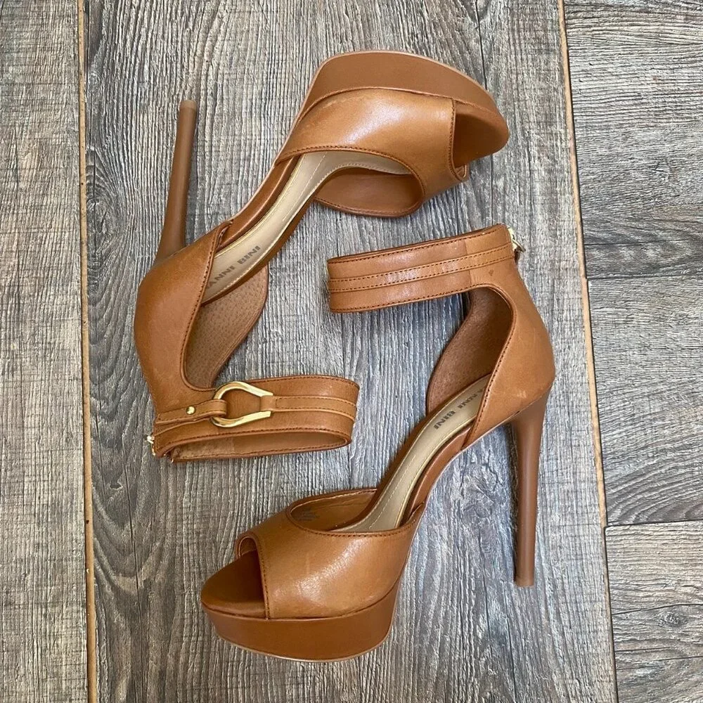 Gianni Bini Leather Ankle Strap Heel Size 6.5 Brown 5 in Zip Back Platform - Picture 9 of 16